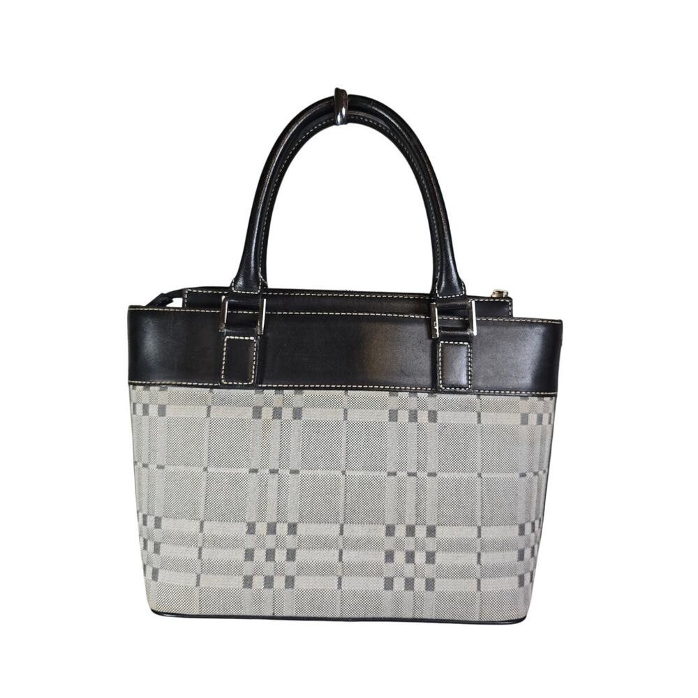 Burberry Zip Tote Grey/Black Cotton Check Handbag Leather Trim - Picture 2 of 6